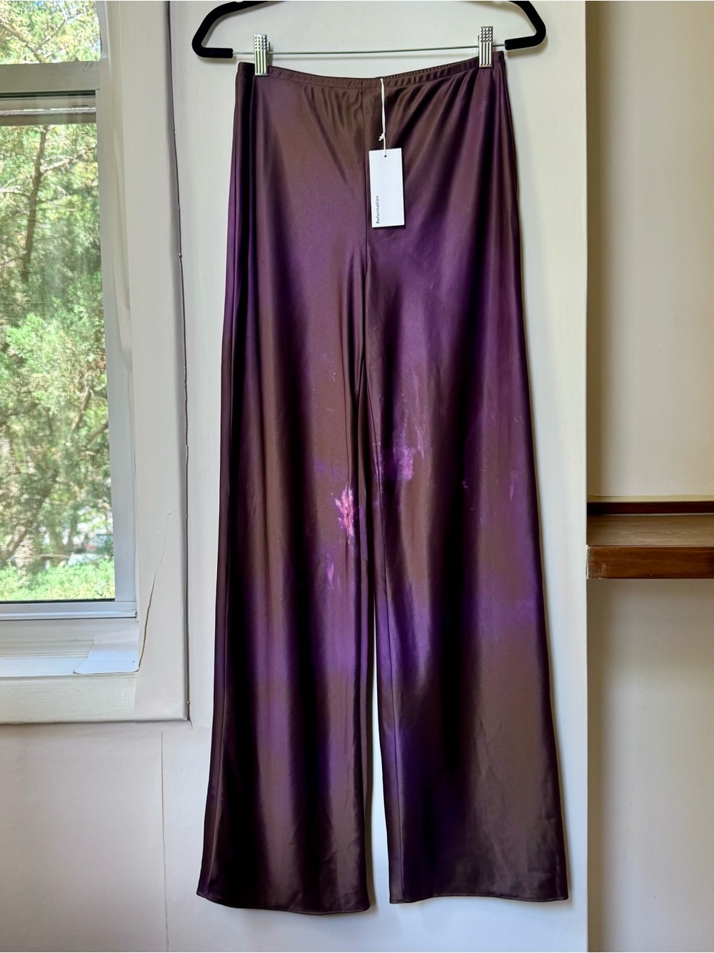NWT Reformation Gale Satin Mid-Rise Bias Pants Galaxy Purple Small